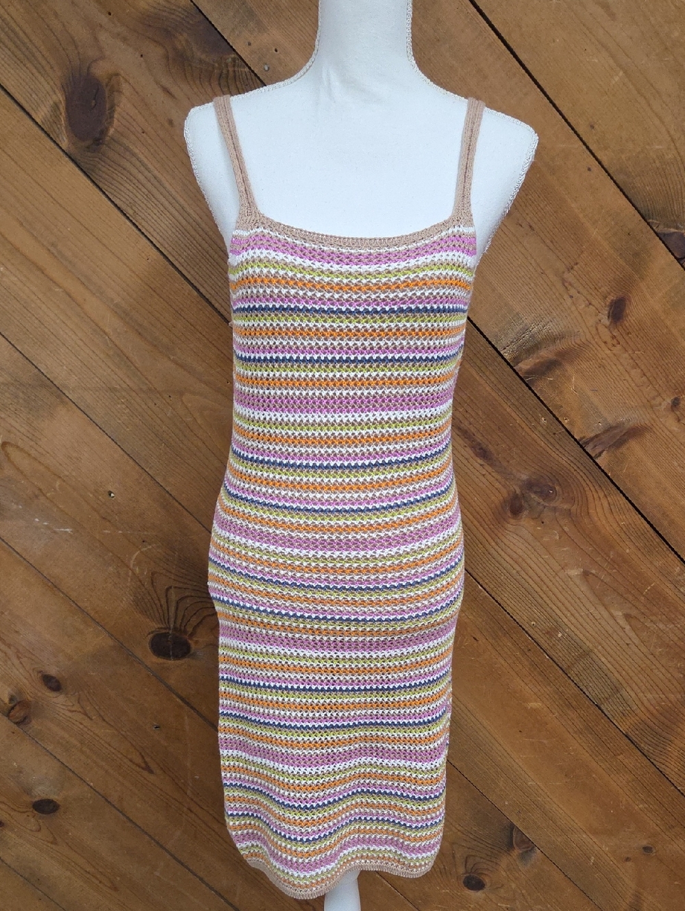 Olive & Oak Crochet Knit Midi Dress Multicolor Stripe Boho Sweater Dress
